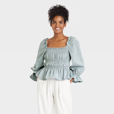 Women's Balloon 3/4 Sleeve Smocked Peplum Top - Who What Wear™ Blue S | Target