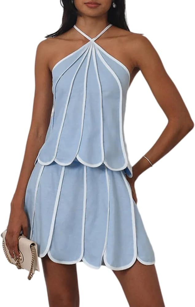 2 Piece Skirt Sets for Women Sleeveless Halter Neck Crop Top and Mini Skirt Set Casual | Amazon (US)