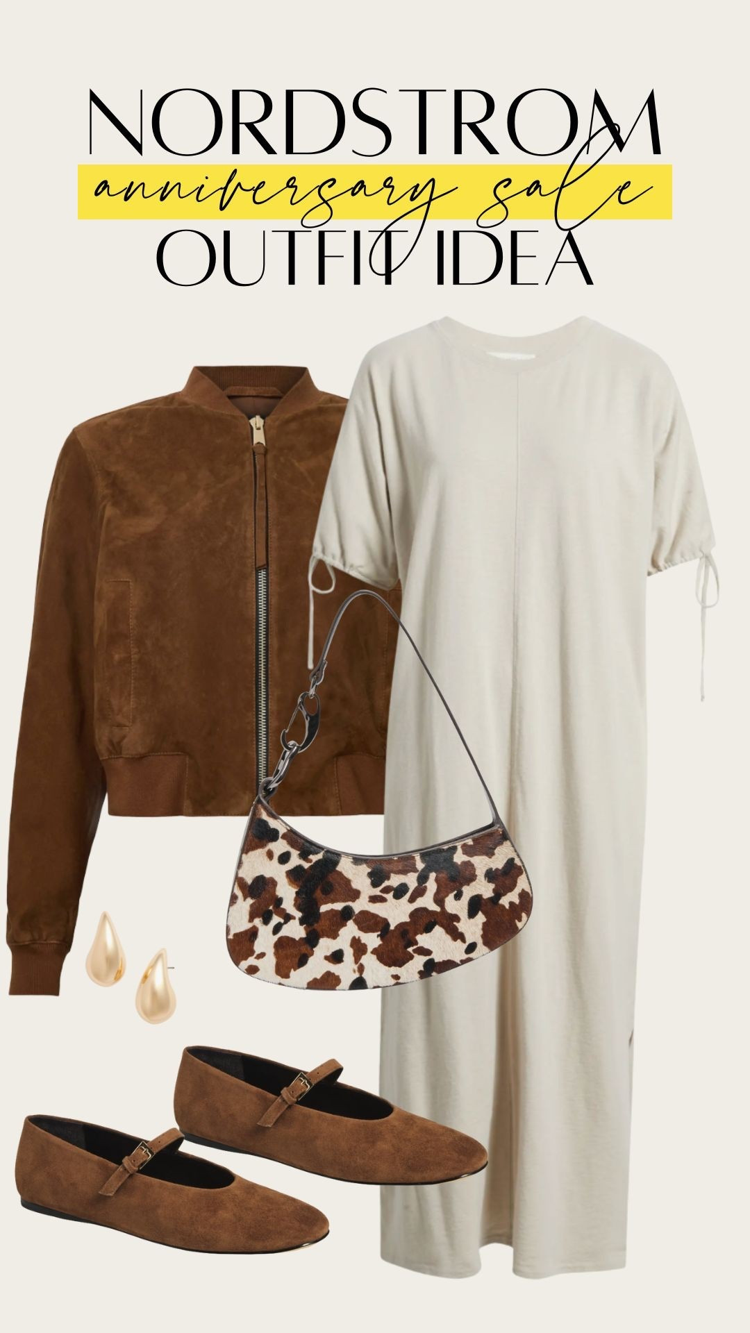 Love this country western inspired fall look with the cowhide bag and tan suede bomber jacket + flats. This white midi tshirt dress can be dressed up or down. Could pair with cowboy boots for a Texas football game! 

#LTKItBag #LTKStyleTip #LTKSaleAlert