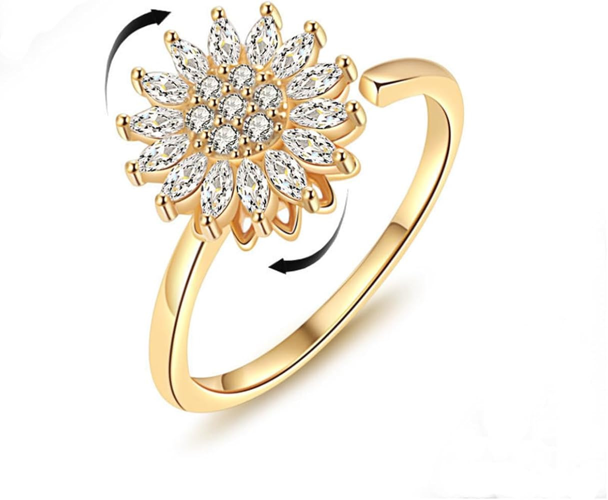 Fidget Ring Sunflower Ring for Women Gold Anxiety Crystal Rings Cubic Zirconia Sunflower Ring Ope... | Amazon (US)