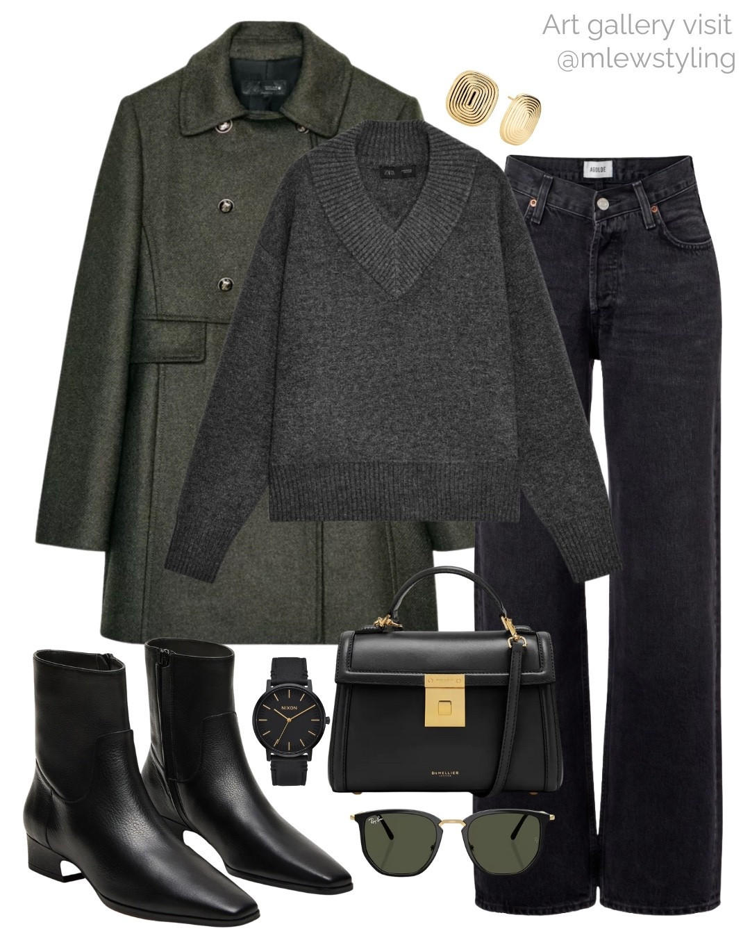 Visit to an art gallery 🖤

Tags: winter outfit, black agolde jeans, olive green wool coat, v-neck sweater, black and gold  DeMellier handbag, black leather ankle boots, rayban sunglasses, black watch, gold earrings, capsule wardrobe, elevated everyday look 