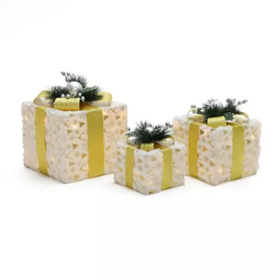 LuxenHome 3-Piece Lighted Snowflake Gift Box Set with Gold Ribbon, White Fabric Outdoor Holiday Decor | Tractor Supply