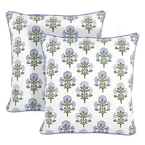 Ridhi Block Print Mughal Buta Blue Pillow Cover 18" x 18" (Pack of 2) Decorative Couch Pillows for Living Room, Chic Boho Cute Outdoor Pillows Covers Gifts for Spring, Easter and Valentine | Amazon (US)