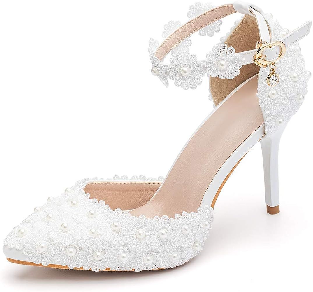 Women's High Heel Pumps Closed Toe Sandals with Floral Lace Pearls Strap Stiletto Bridal Wedding ... | Amazon (US)