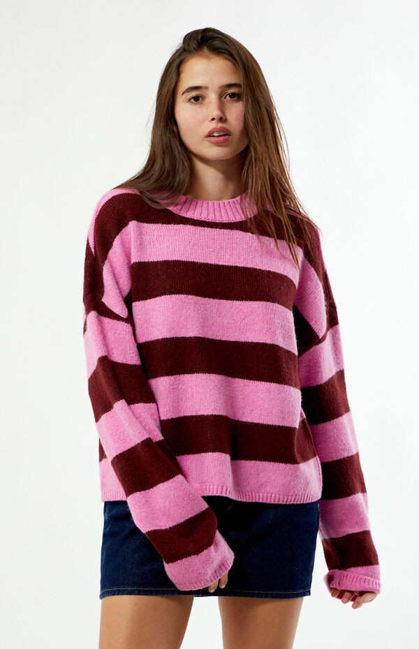 Women's Striped Cozy Crew Neck Sweater in Lt. Blue/Brown - Size Small | PacSun