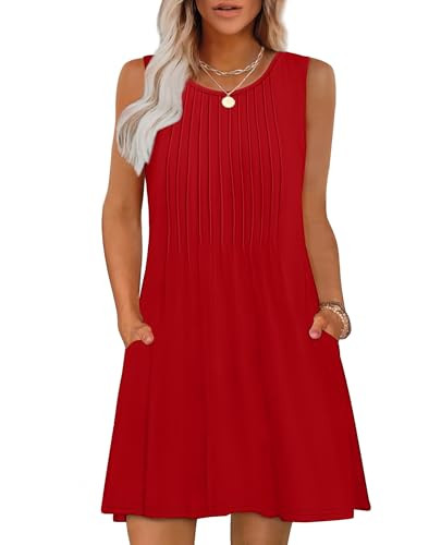 Spring Dresses for Women 2025 Casual Summer Loose Beach Vacation Clothes Tank Pleated Sleeveless Sundress Pockets Red XL | Amazon (US)