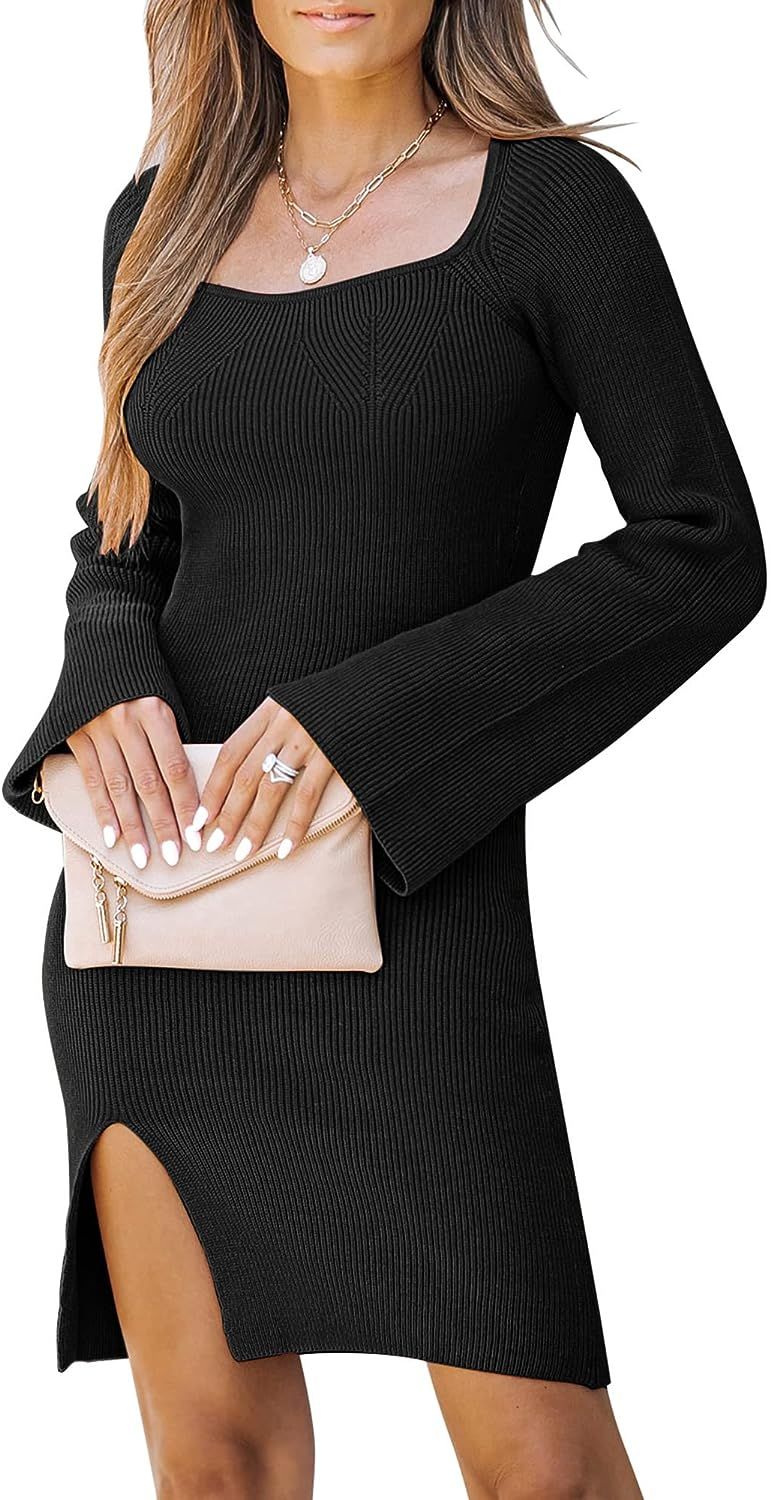 LookbookStore Womens Sweater Dress Bodycon Square Neck Slit Short Dresses Bell Long Sleeve Knit S... | Amazon (US)
