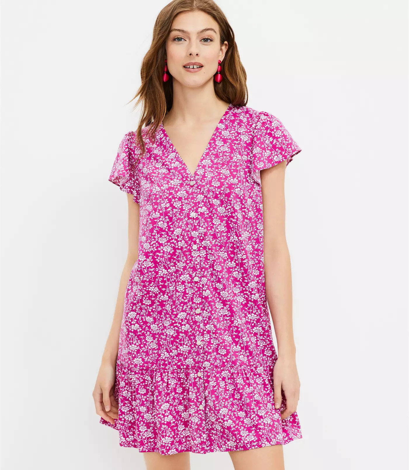 Floral Button Ruffle Flounce Dress | LOFT
