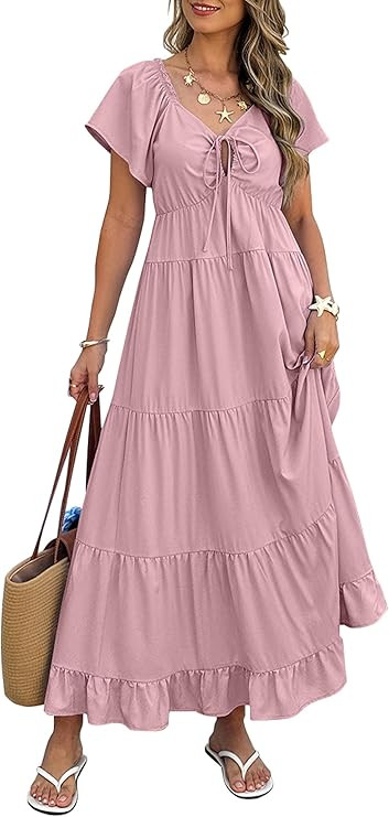 ECOWISH Womens Summer Maxi Dress 2025 Flutter Short Sleeve V Neck Tie Front Wedding Guest Vacatio... | Amazon (US)