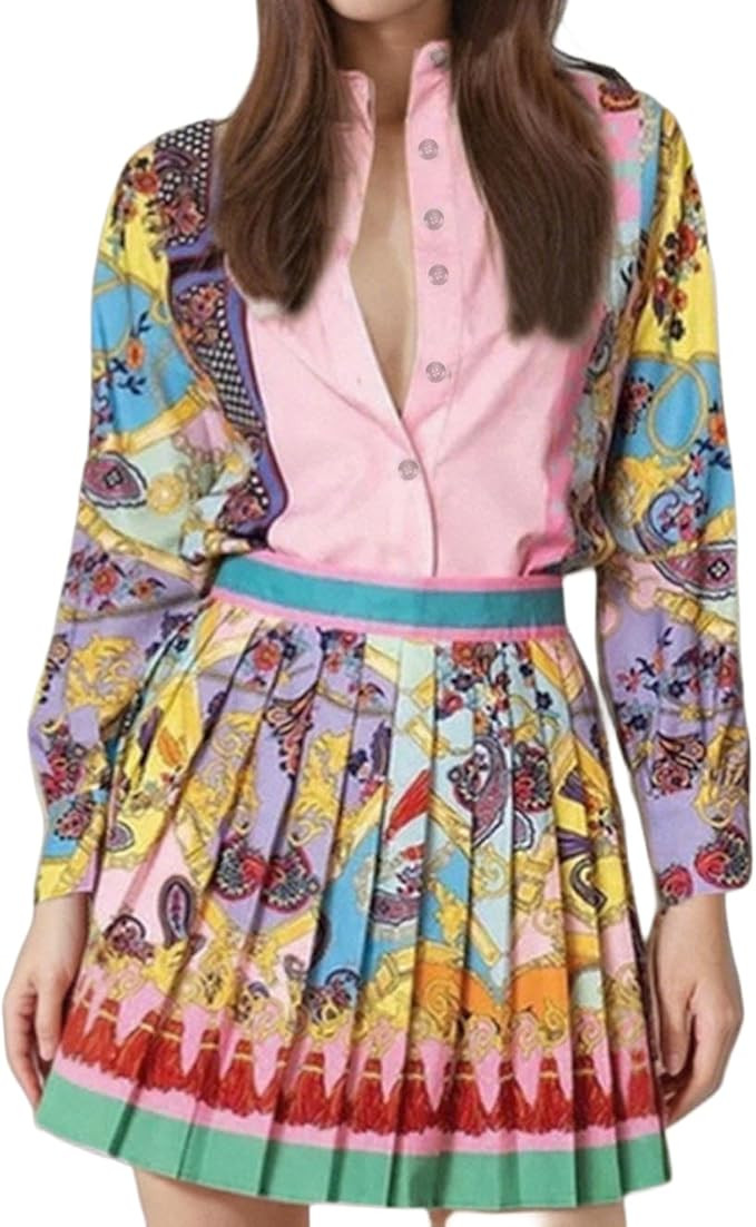 THLAI Lounge Women 2 Piece Skirt Sets Printed Long-Sleeve Shirt & Pleated Skirt Vacation Outfits | Amazon (US)