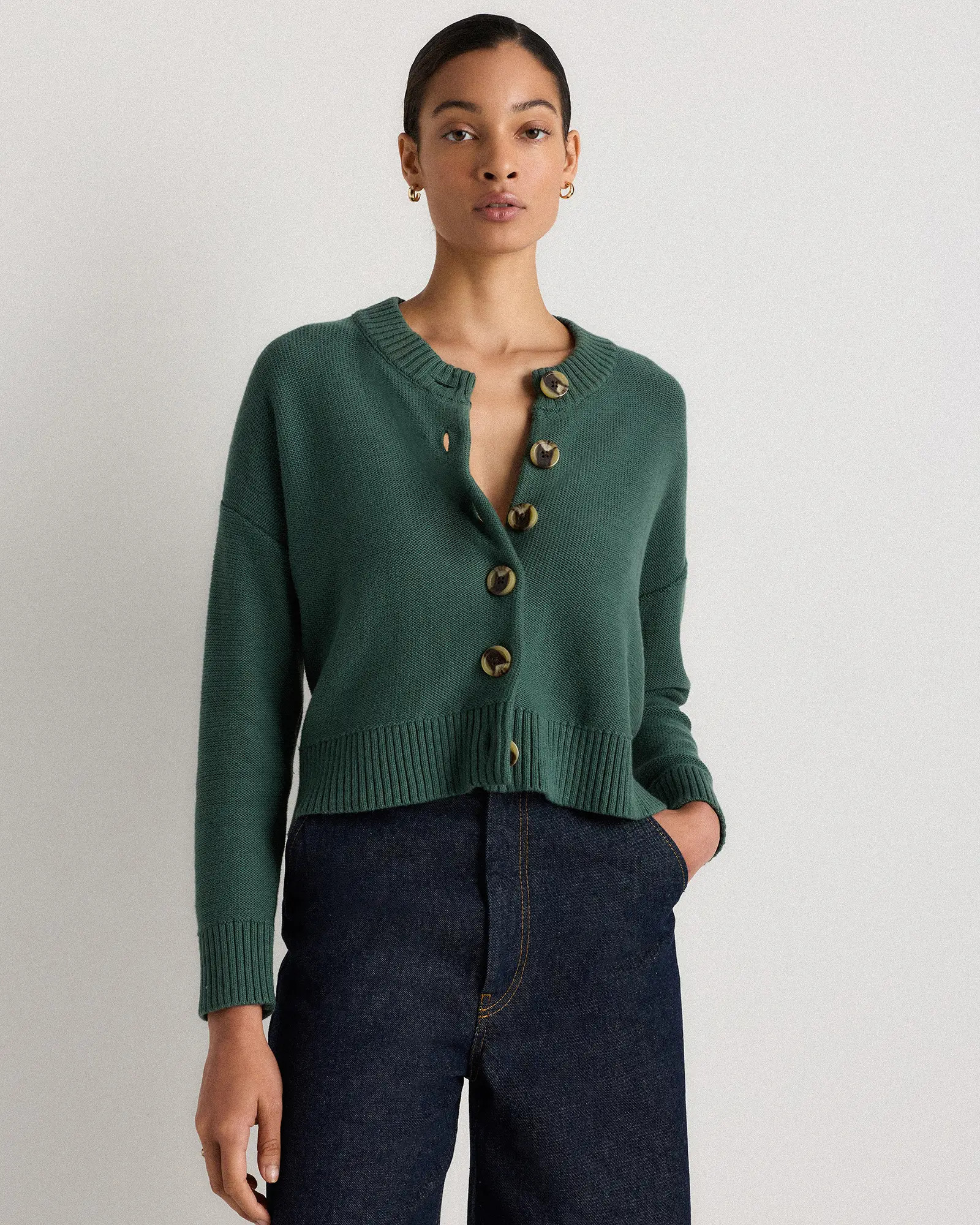 100% Organic Cotton Cropped Cardigan in Big Sur Green | Quince