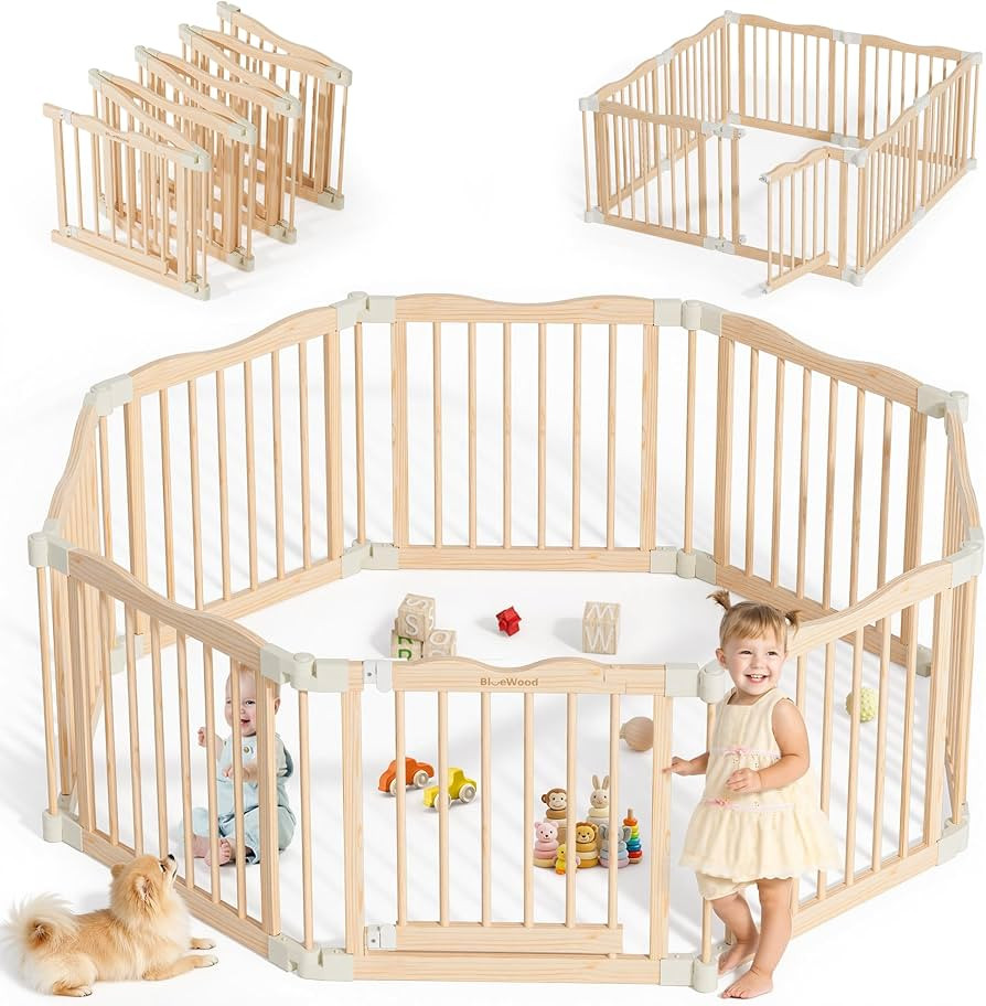 Foldable Wooden Playpen - Adjustable Wood Baby Play Yard with Child-Proof Lock, Indoor Large Safe... | Amazon (US)