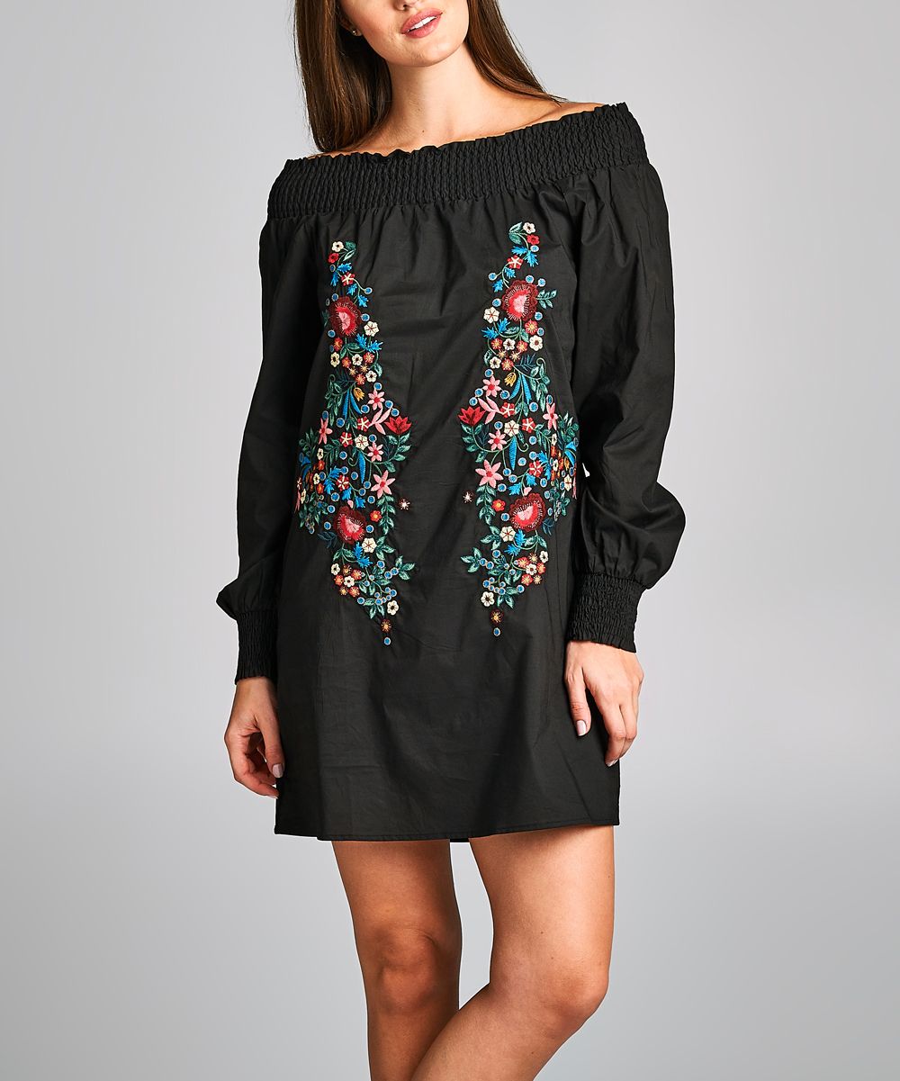 Simply Boho LA Women's Casual Dresses black - Black Floral-Embroidered Long-Sleeve Off-Shoulder Tuni | Zulily