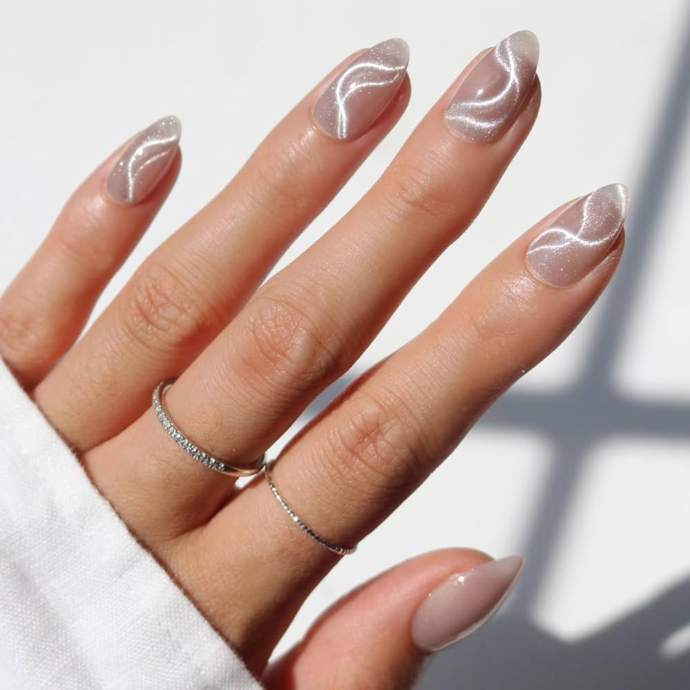 Glamnetic x GLAMZILLA Press On Nails - WOO-MAN! | Gray Short Almond Fake Nails with Velvet Cat Ey... | Amazon (US)