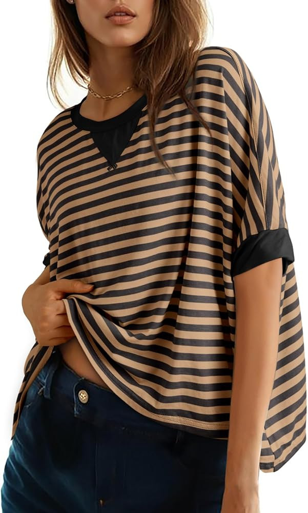 Dokotoo Oversized Striped Tshirts Summer Tops Plus Size Fashion Trendy Casual Blouse Top | Amazon (US)