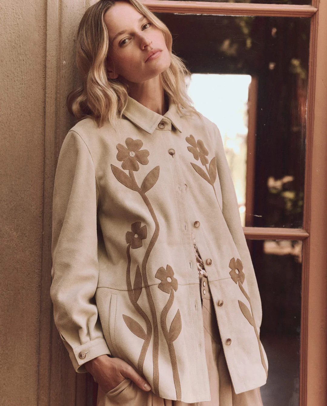 The Floral Applique Suede Jacket. -- Tonal Desert Tan | THE GREAT.
