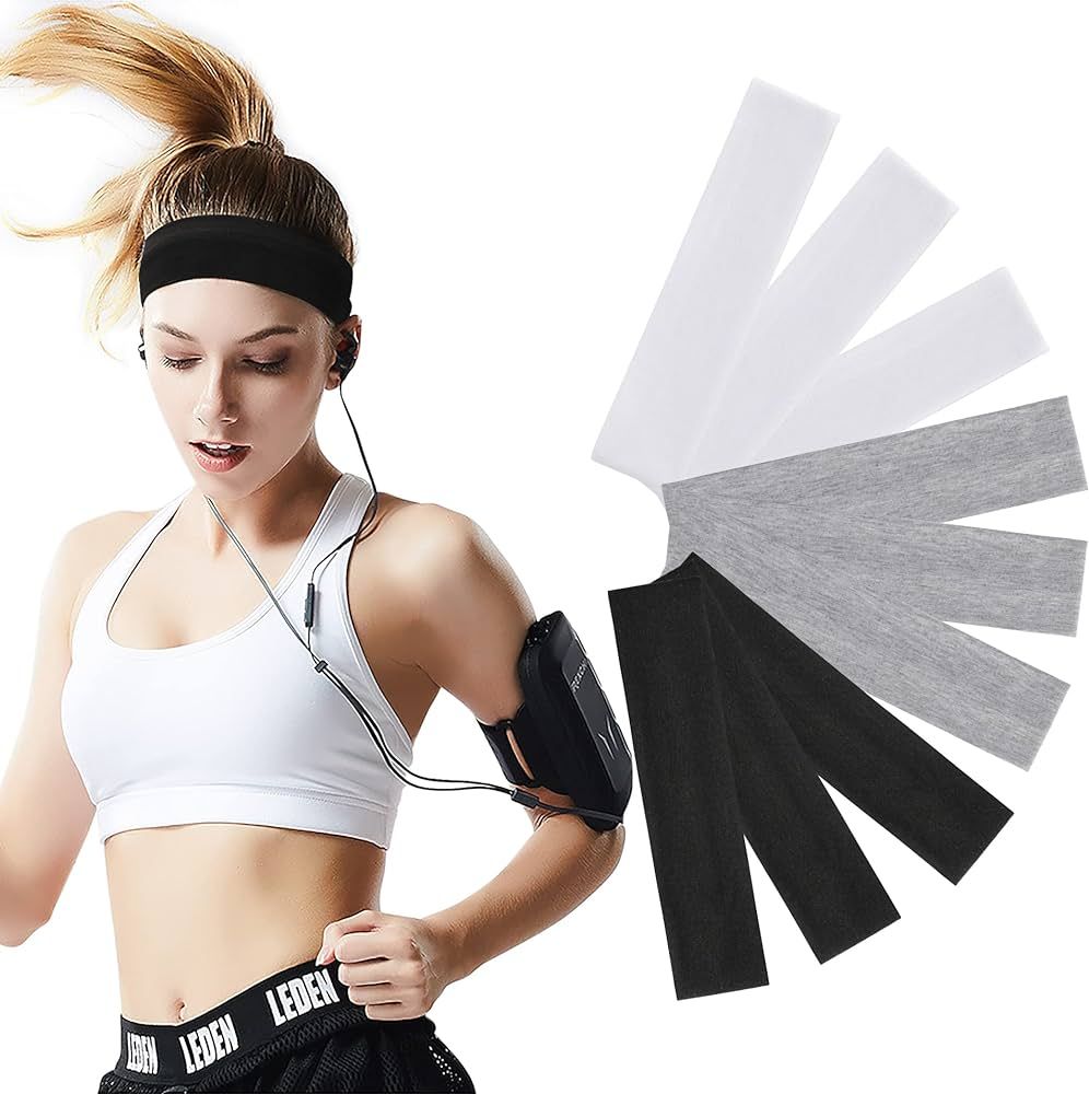 Workout Headbands Women 9Pcs, Cotton Headbands Women Men 2.5 inch Wide, Soft Sweat Wicking Stretc... | Amazon (US)