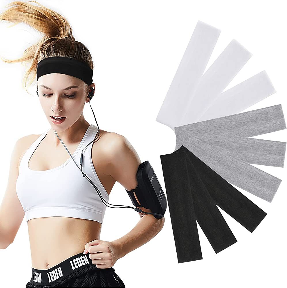 Workout Headbands Women 9Pcs, Cotton Headbands Women Men 2.5 inch Wide, Soft Sweat Wicking Stretc... | Amazon (US)