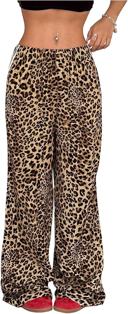 OYOANGLE Women's Leopard Print Striped Knot Side Trousers High Waist Straight Leg Baggy Pants | Amazon (US)