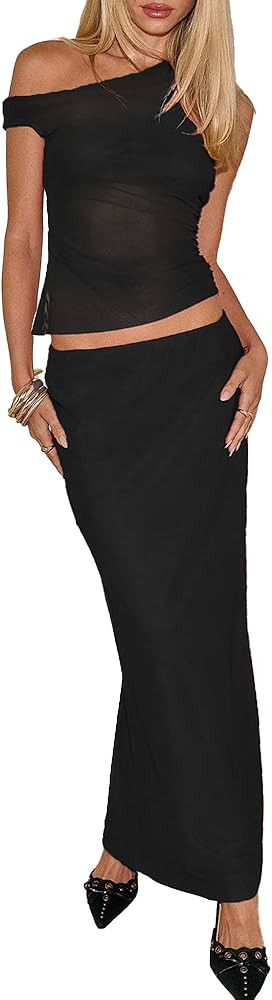 Women's Summer Mesh 2 Piece Maxi Skirt Sets Sexy One Shoulder Tops Bodycon Going Out Vacation Two... | Amazon (US)