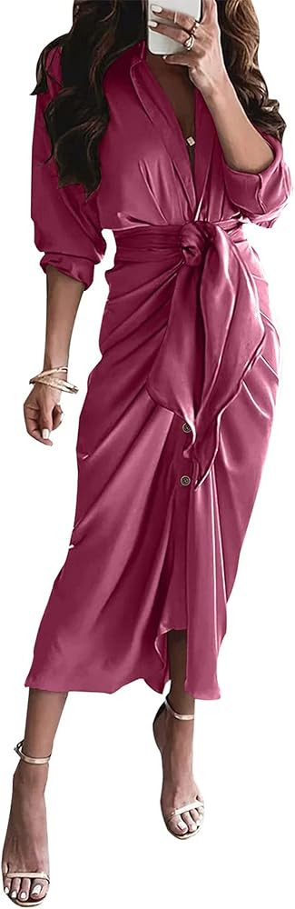 BTFBM Women 2023 Long Sleeve Lapel V Neck Button Down Satin Dress Belted Elegant Ruched Summer Fa... | Amazon (US)