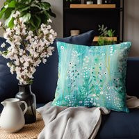 Aqua Blue Pillow - Turquoise Throw Pillow, Accent Whimsical Abstract Floral Underwater Woodland Home Decor, Designer | Etsy (US)