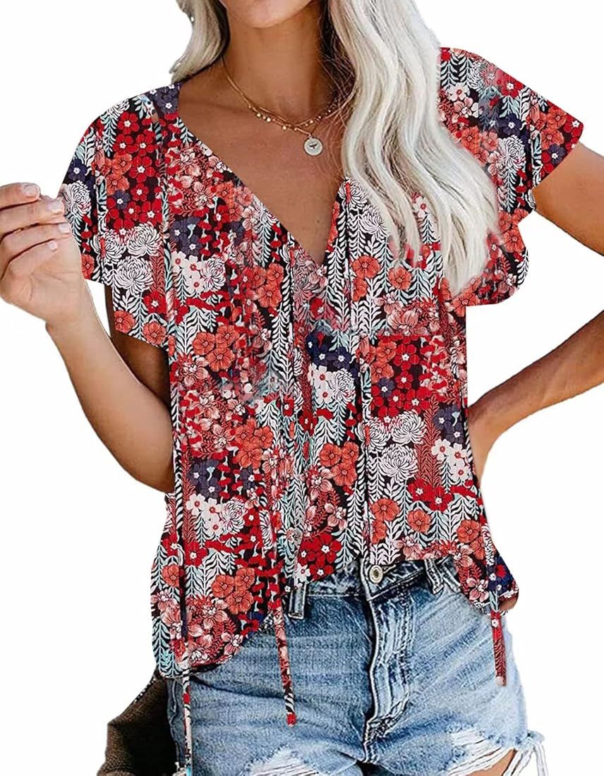 Kaupun Boho Floral V Neck Womens Tops Casual Summer Short Sleeve T Shirts for Women | Amazon (US)