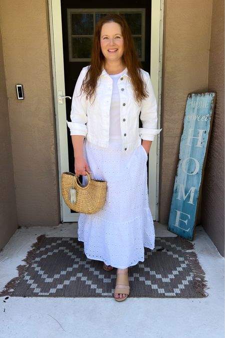 Eyelet skirt, Loft style, white jean jacket, monochrome look, Target style, Madewell shoes, Sea and grass bag
