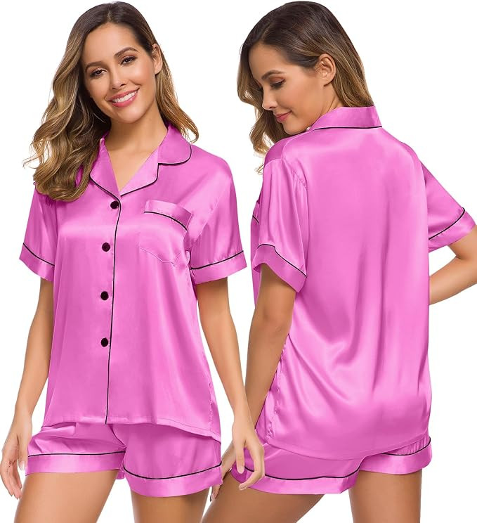 SWOMOG Womens Silk Satin Pajamas Set Two-piece Pj Sets Sleepwear Loungewear Button-Down Pj Sets | Amazon (US)