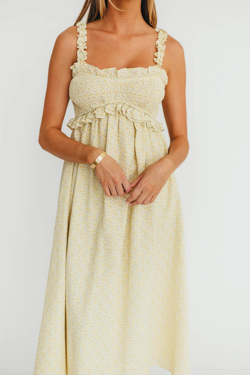 Raya Ruffle Trim Midi Dress in Yellow Floral | Worth Collective