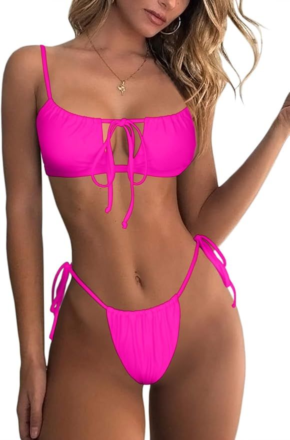 QINSEN Women's Sexy Bandeau Cutout String Tie Thong Two Piece Bikini Set Swimsuit | Amazon (US)