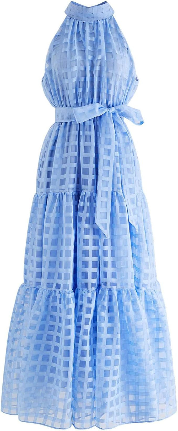 CHICWISH Women's Hot Pink/Blue Check Halter Neck Tie Waist Maxi Dress | Amazon (US)