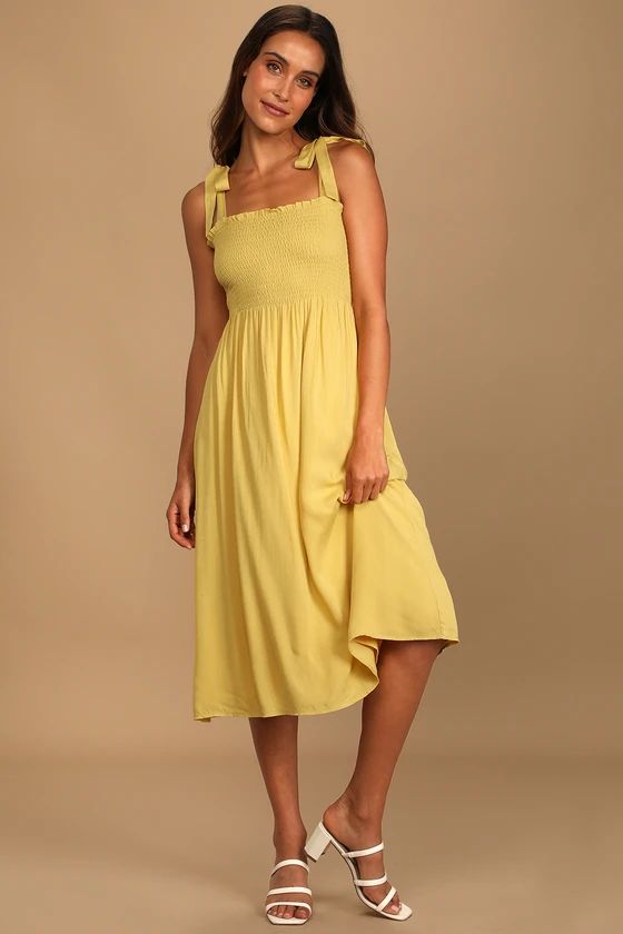 Looking Up Yellow Smocked Tie-Strap Midi Dress | Lulus (US)