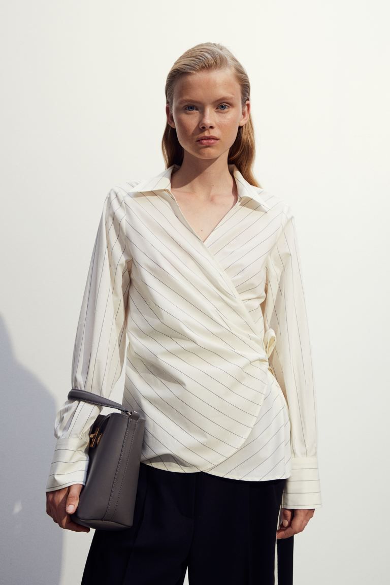 Poplin Wrap Shirt - Cream/Pinstripe - Ladies | H&M AU | H&M (AU)