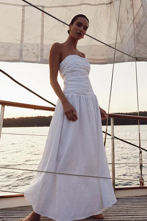 CATANIA WHITE LINEN STRAPLESS DRESS | DISSH