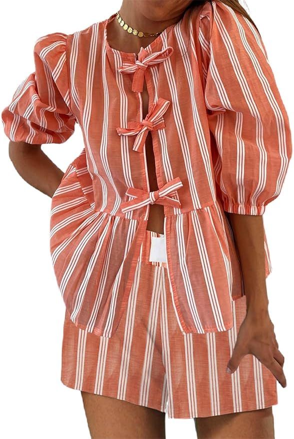 Women Y2k Peplum Pajamas Two Piece Sets Boxer Shorts and Tie Front Gingham Shirt Tops Summer Vaca... | Amazon (US)