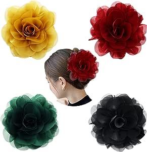 Cinaci 4 Pack Black Plastic Hair Claws Clips with Big Large Chiffon Flower Rose Bow Barrettes Cla... | Amazon (UK)