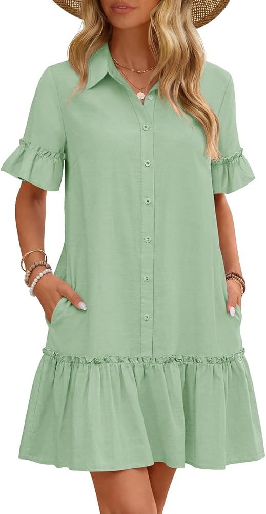 MEROKEETY Women's 2026 Summer Casual Shirt Dress Button Down Ruffle Sleeve Shift Mini Dresses wit... | Amazon (US)