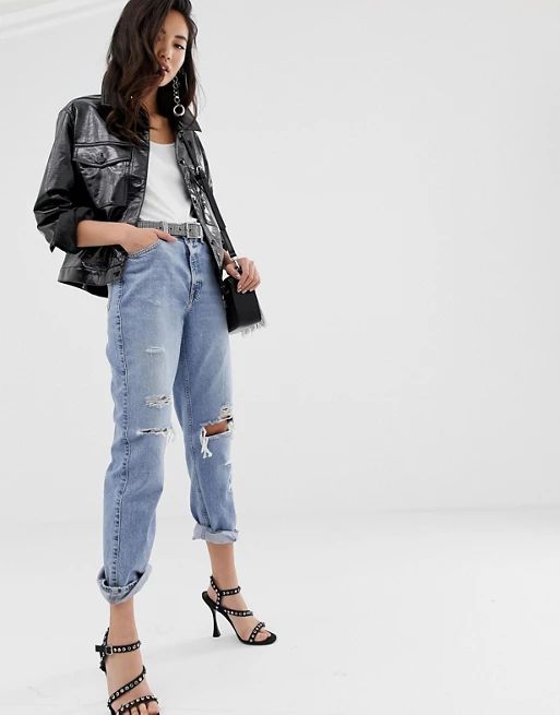 River Island mom jeans with ripped detail in mid wash | ASOS US