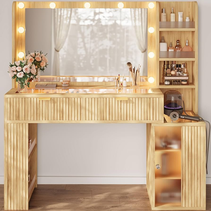 47'' Fluted Makeup Vanity Desk with Large 36" Mirror & Hollywood Bulbs, Smart RGB Lights, Glass T... | Amazon (US)
