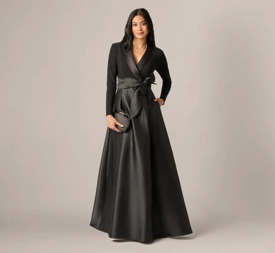 Long Sleeve Sash Belt Tuxedo Combo Gown In Black | Adrianna Papell