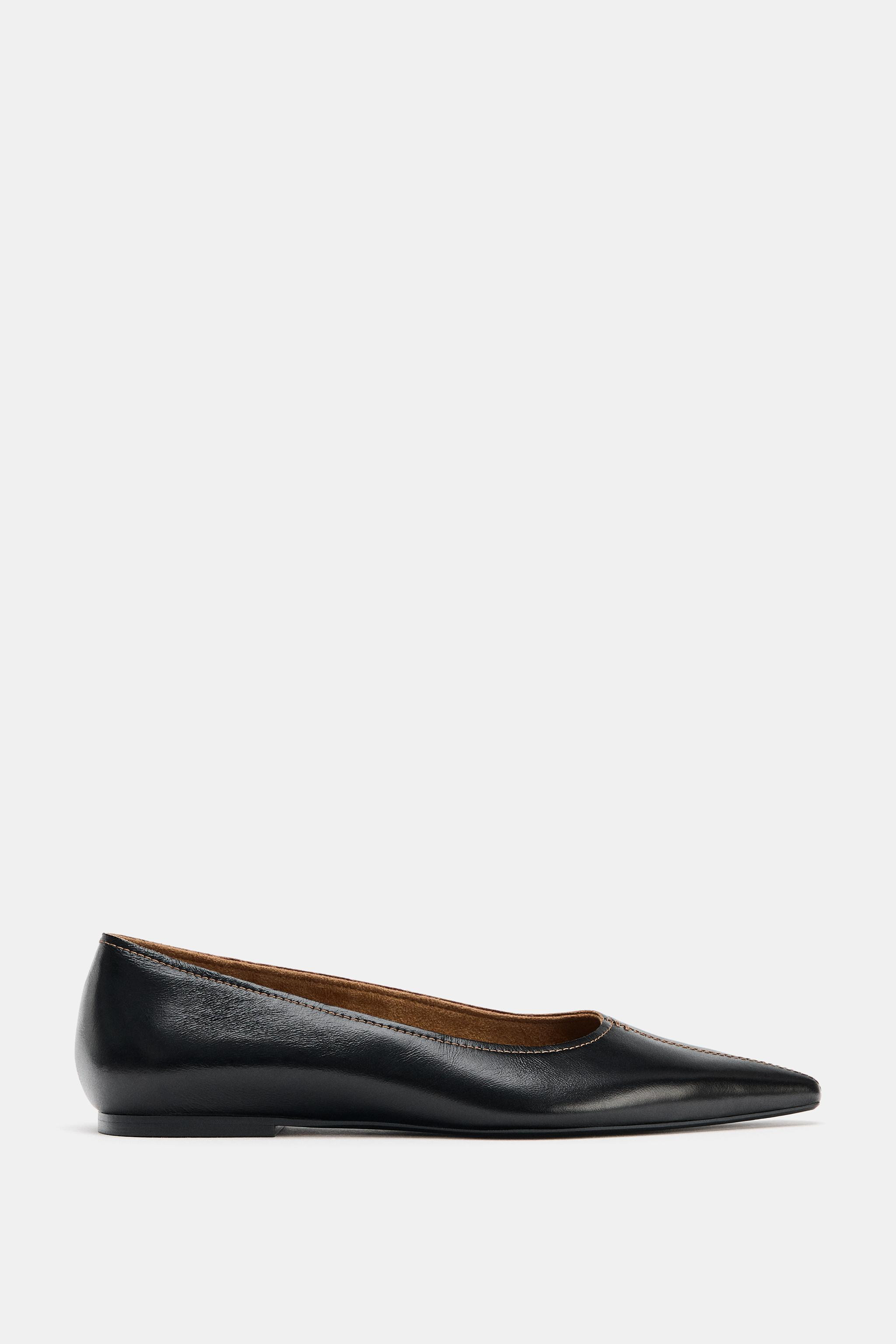 LEATHER BALLET FLATS WITH TOPSTITCHING | Zara Canada