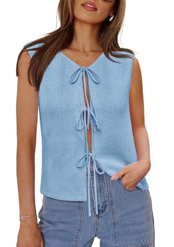 Yousify Women’s Tie Front Sweater Vest 2025 Sleeveless Crochet Knit Summer Y2K Going Out Tops | Amazon (US)