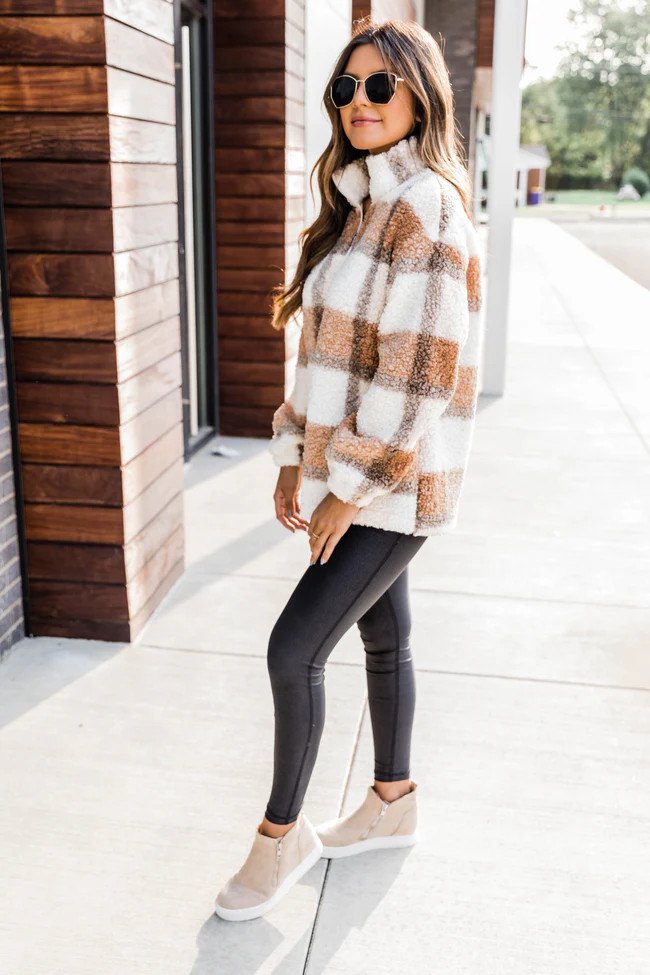 A Round Of Applause Plaid Sherpa Tan Pullover FINAL SALE | The Pink Lily Boutique