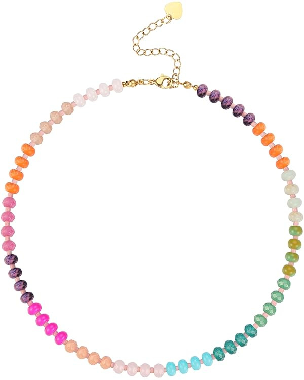 Colorful Beaded Necklace for Women,Boho Natural Stone Beach Necklace Rainbow Stone Choker Necklac... | Amazon (US)