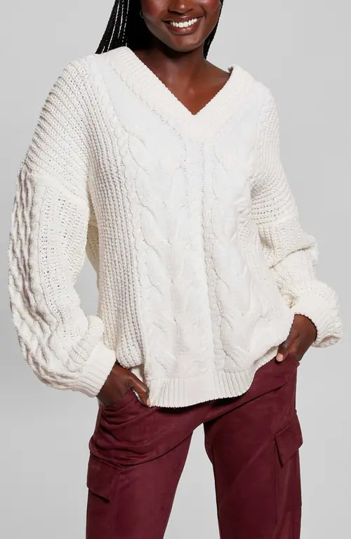GUESS Aki Cable Knit Cardigan in Dove White at Nordstrom, Size Small | Nordstrom