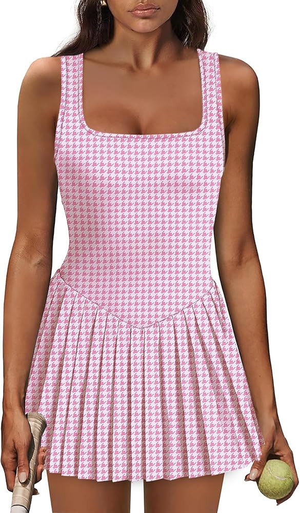 Athletic Dress for Women Built in Shorts U Neck Womens Tennis Dress Pleated with Pockets Sleevele... | Amazon (US)