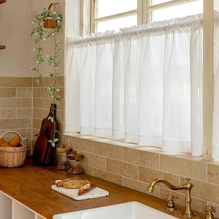 Semi Sheer Curtains White Striped Curtains, Vertical Blind Style for Privacy and Filtering Sunlig... | Amazon (US)