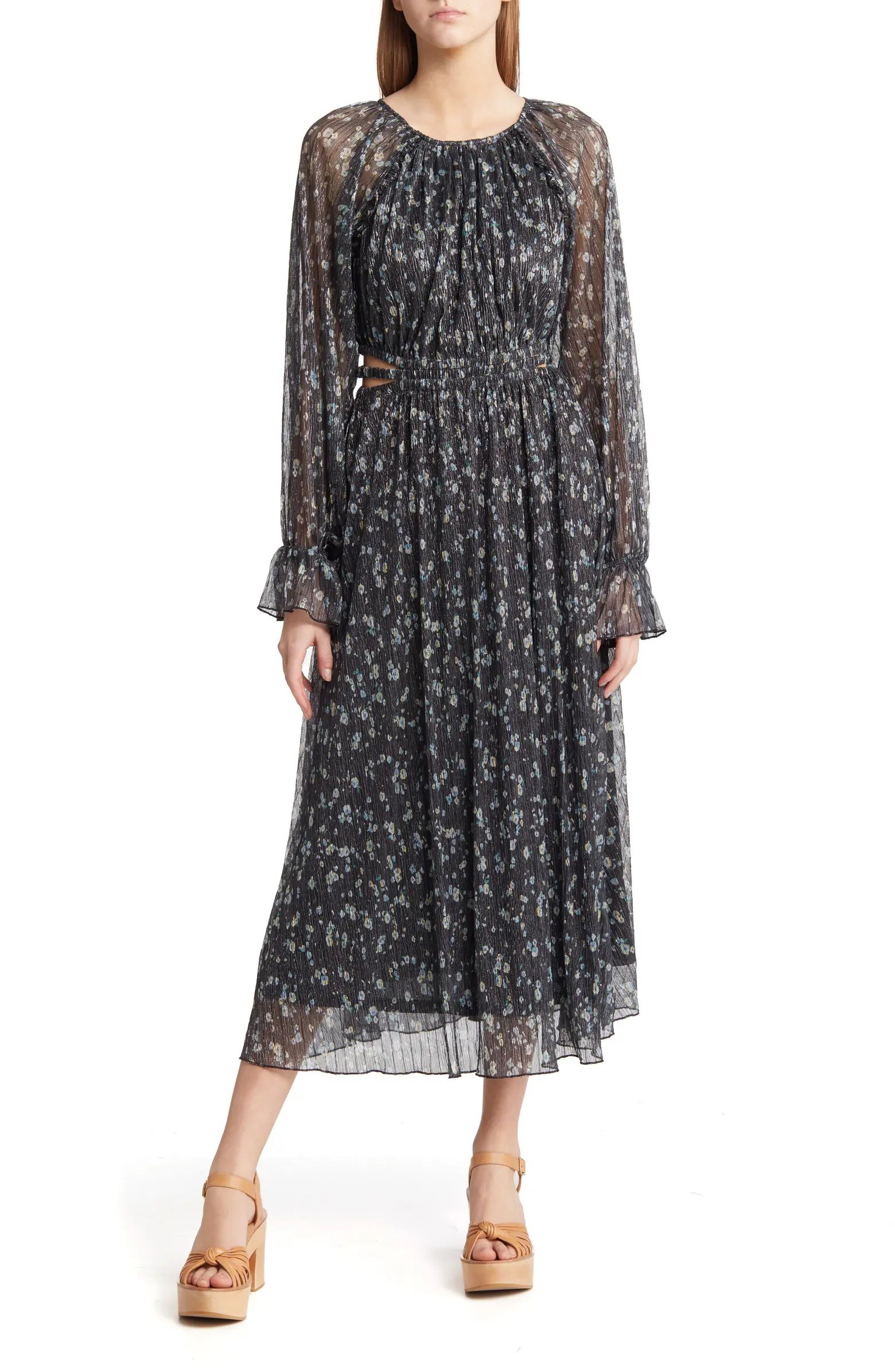 MOON RIVER Smocked Cutout Waist Long Sleeve Midi Dress | Nordstrom | Nordstrom