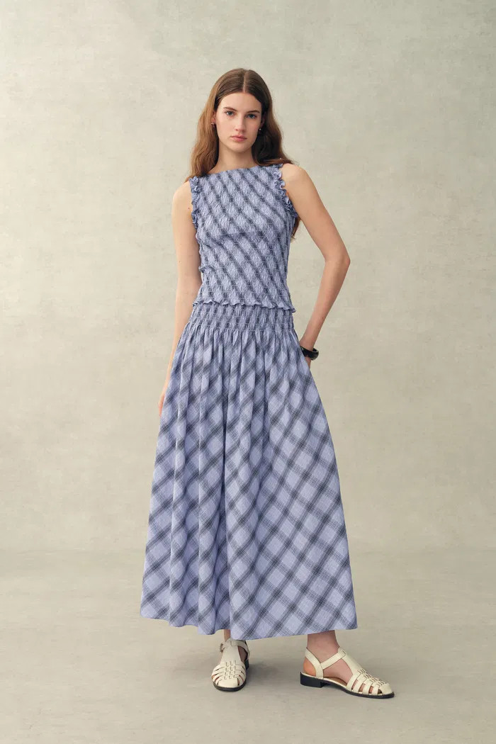 Crystal Handworked Sleeveless Plaid Top and Skirt Set in Stretch Bubbl | Fabrique